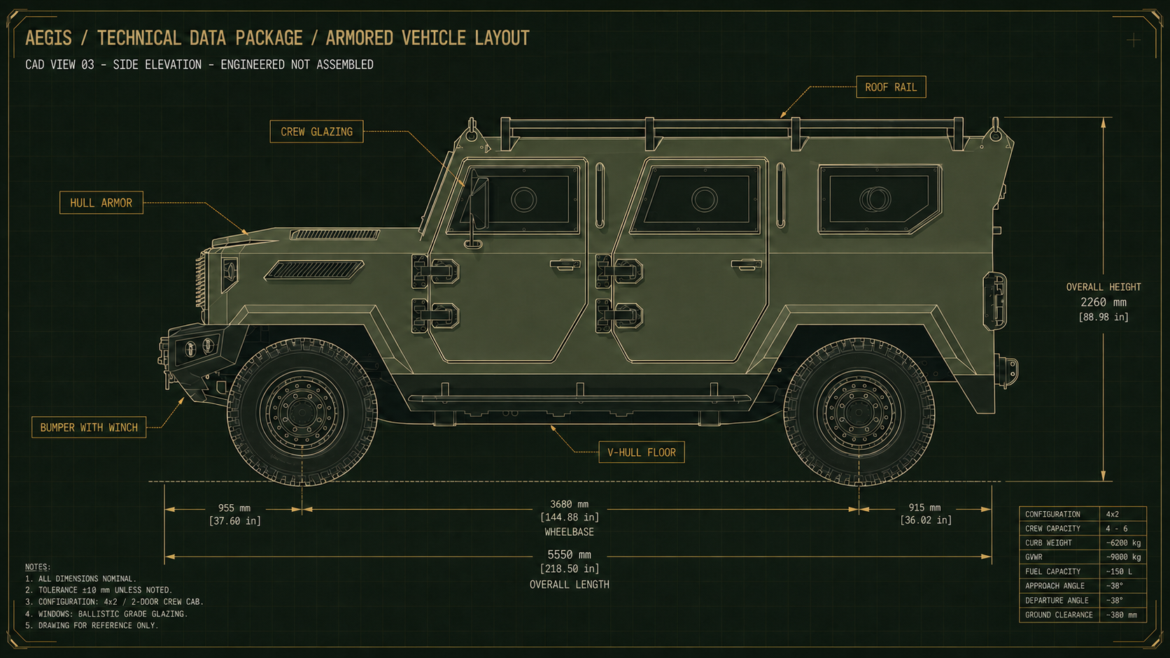 Armored vehicle CAD technical blueprint side elevation